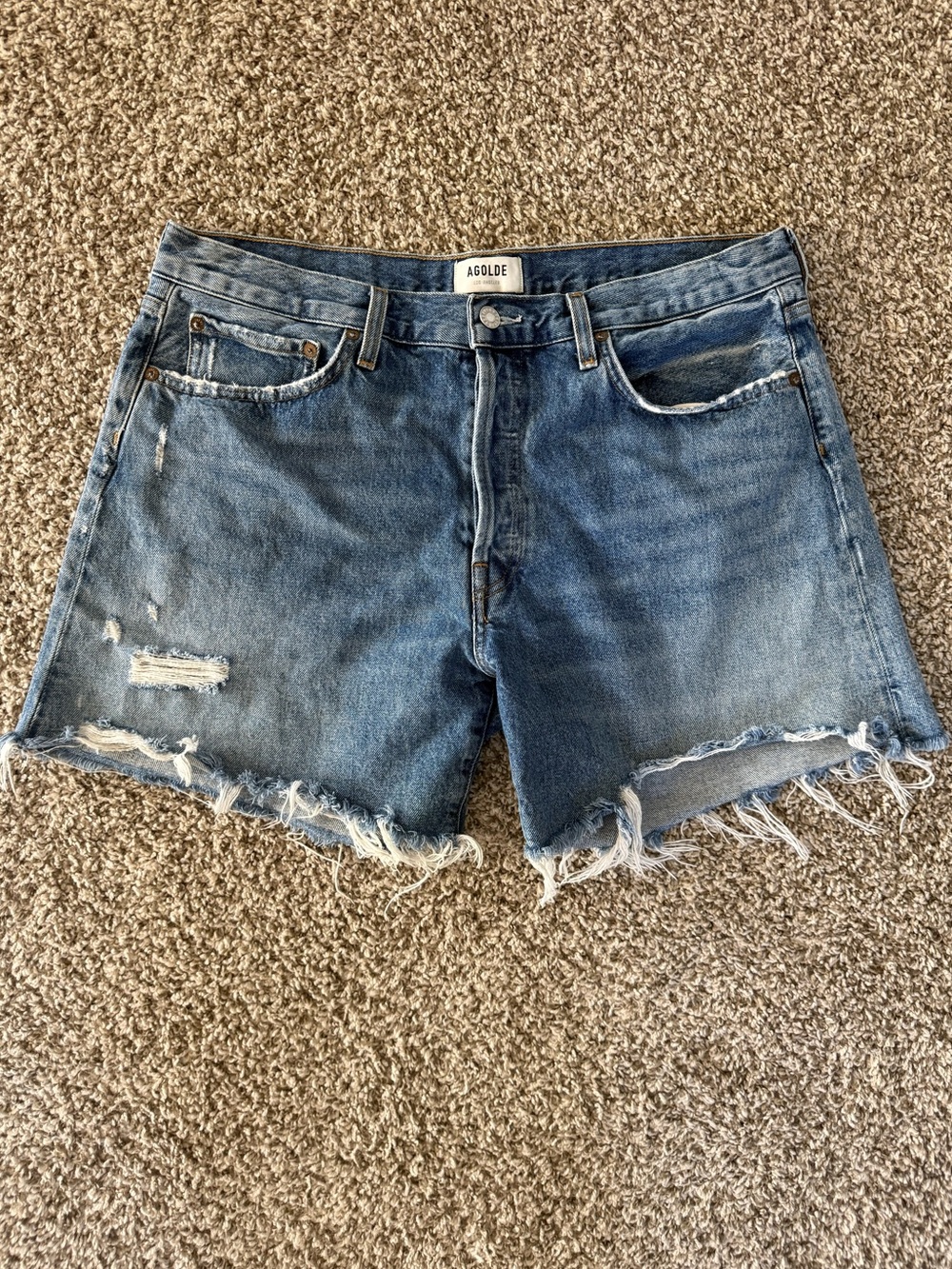 Agolde Distressed Parker Long High Rise 100% Cotton Denim Cutoff Shorts